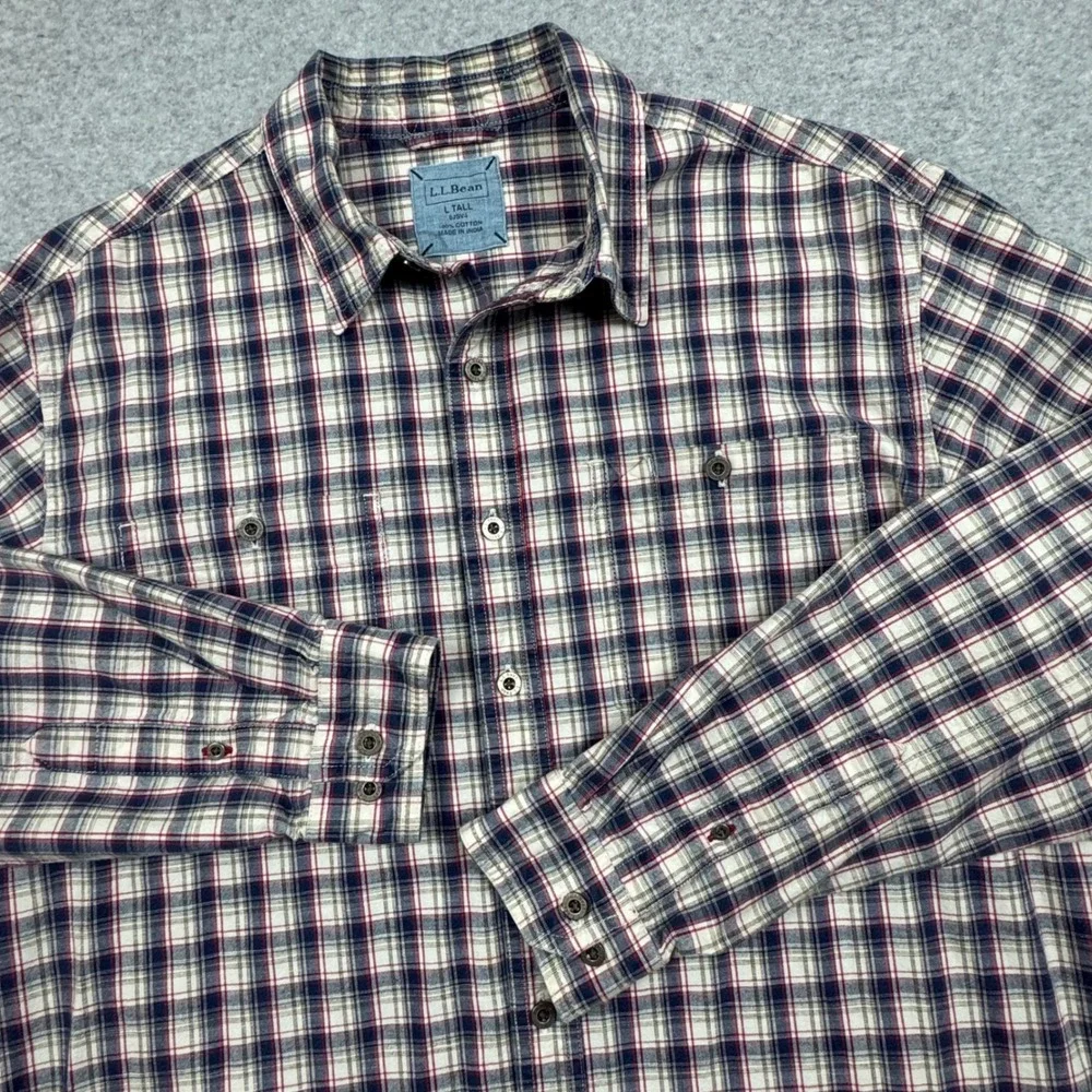 LL Bean Mens Large Tall Plaid Button Down Shirt Navy Red Cotton 0JSV4 LongSleeve